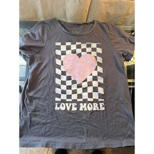 Girls Plus XXL Graphic T Shirt Love More Pink Heart Checkered Short Sleeve Gray